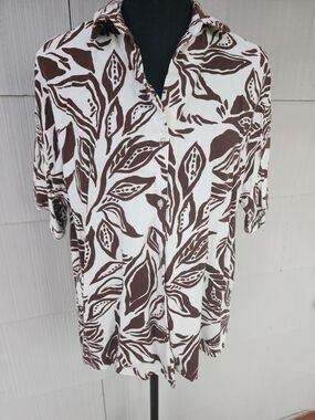 C By One Vintage Women’s Brown & White Leaf Print Blouse Top Size Small Petite